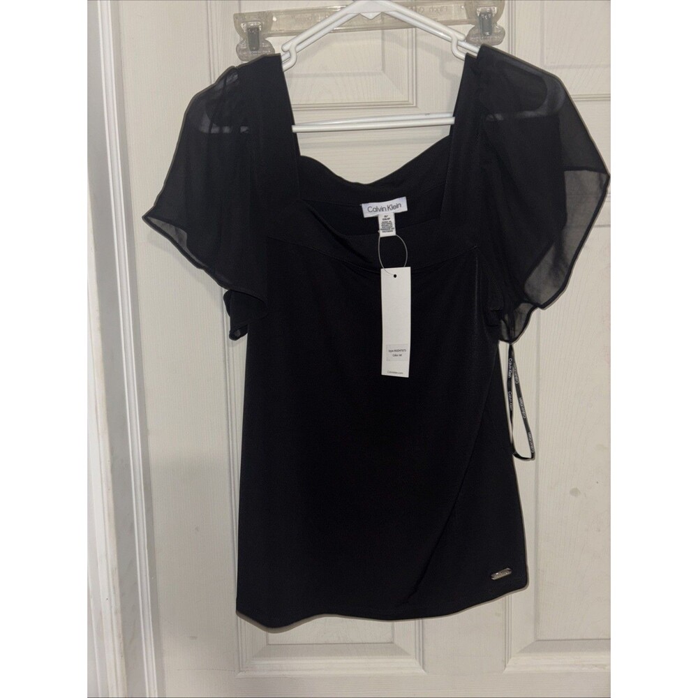 Calvin Klein Blouse Womens Small Black Sheer Polyester Short Sleeve Round Neck